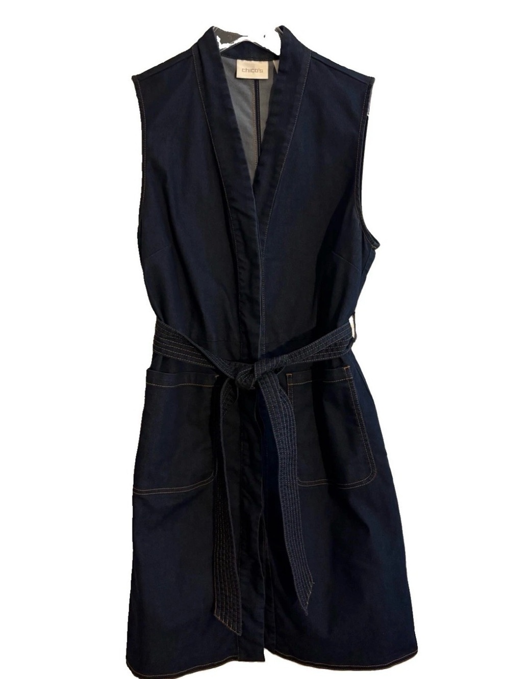 Chico’s Denim Dress Size 1 Sleeveless Belted Dark Wash Button Front Pockets